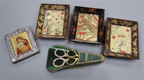 A silver frame, three card trays and a necessaire
